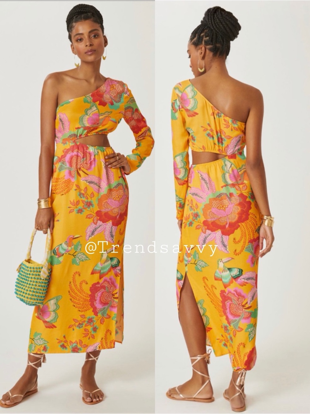 Anthropologie Farm Rio Toucan Floral One Shoulder Cutout Maxi Dress Medium NWT